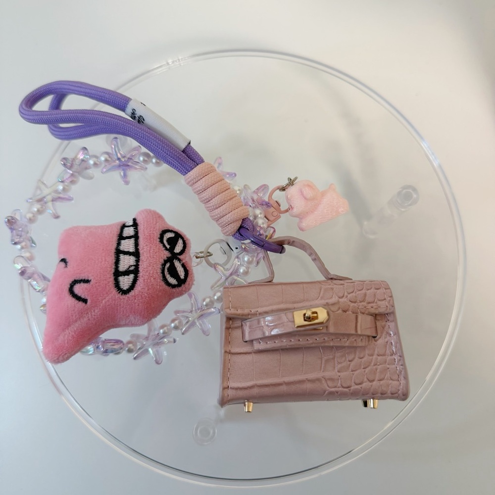 Pink Croc-Pattern Mini Bag Charm Set – Handmade Accessory with Plush & Beaded